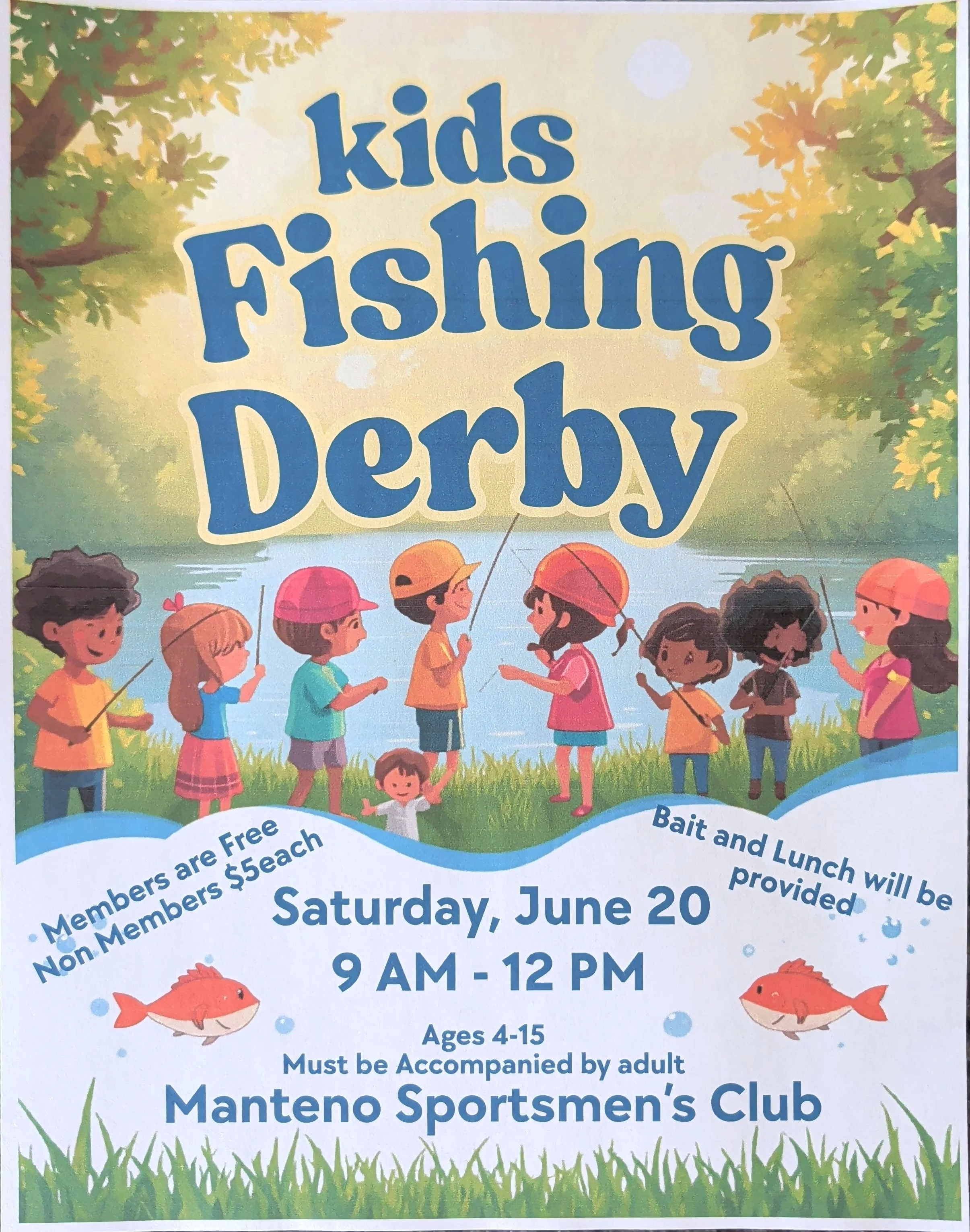 Kids fishing derby event poster with details