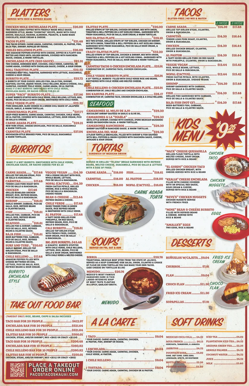 Mexican menu featuring tacos, burritos, and enchiladas
