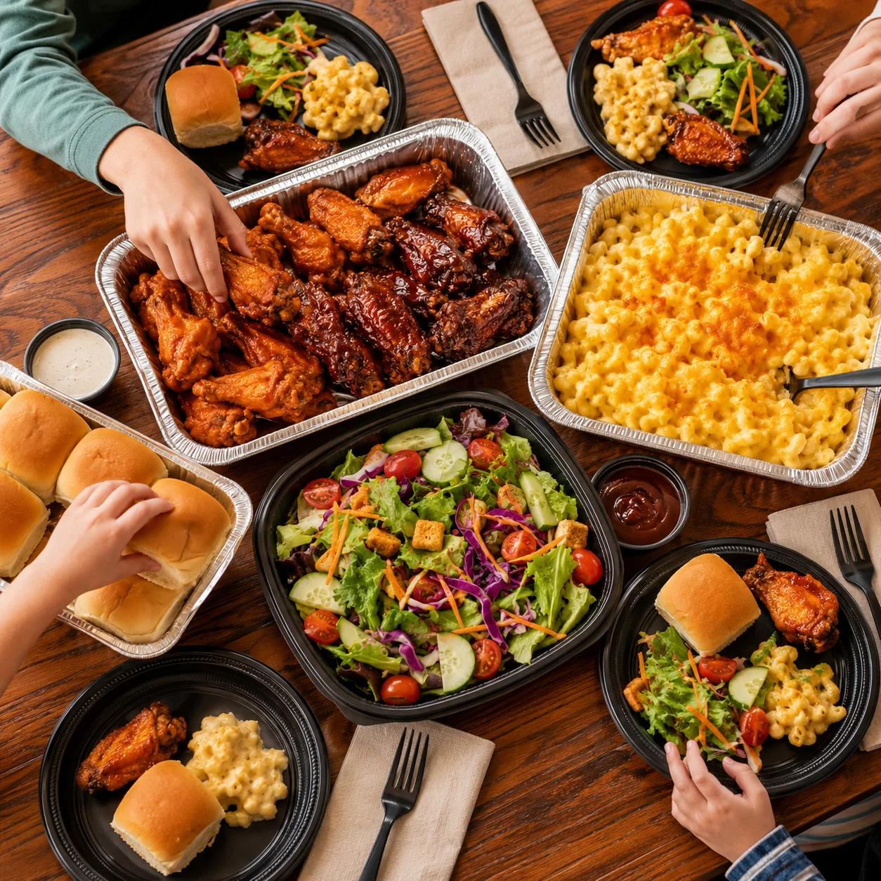 Platter of BBQ chicken wings with sides of mac and cheese and fresh salad