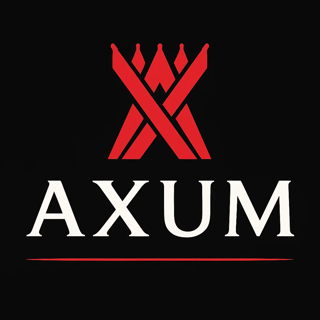 A logo design featuring stylized red elements and the word 'AXUM' in bold white letters.