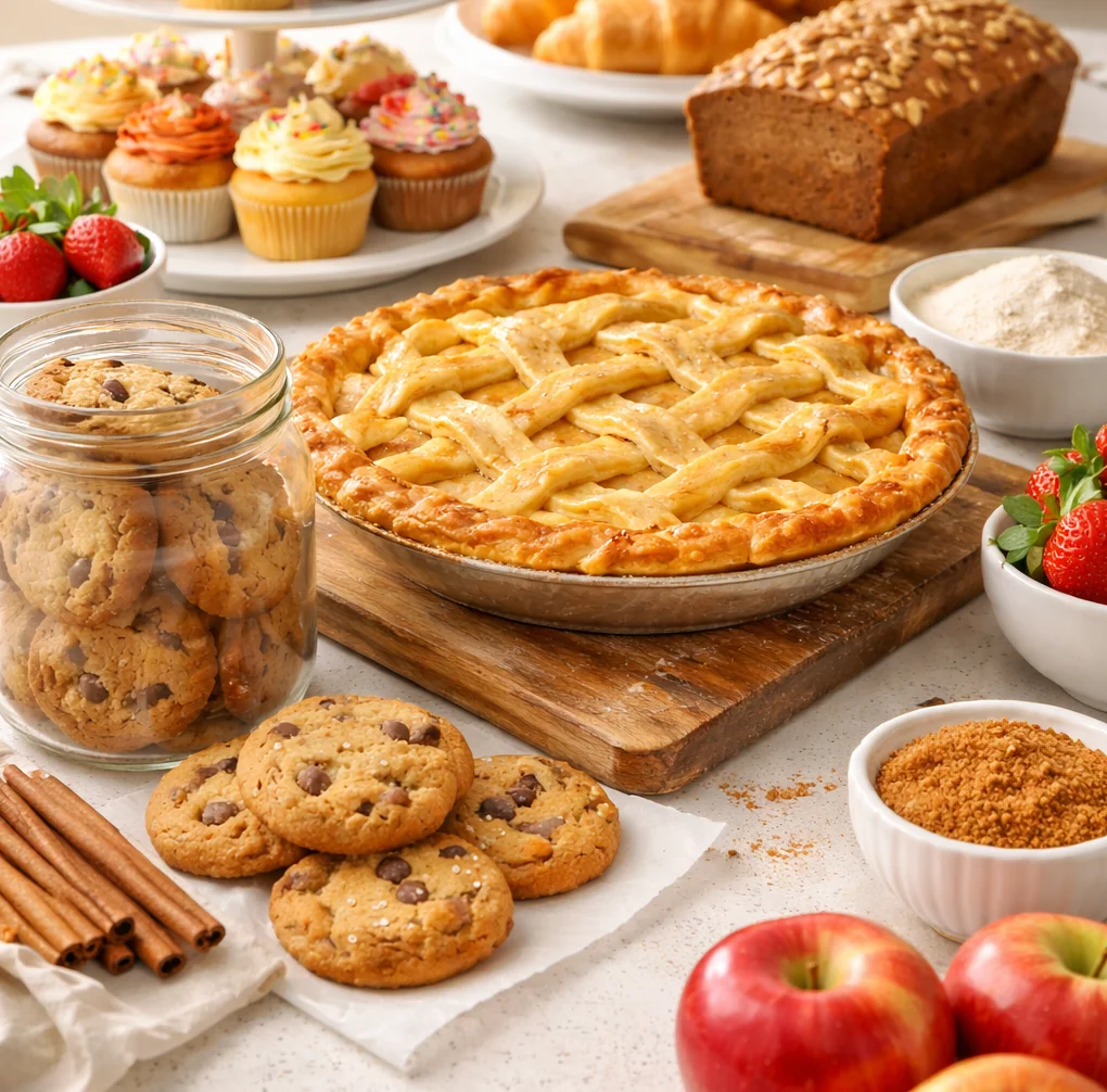 Delicious apple pie with assorted baked goods and desserts