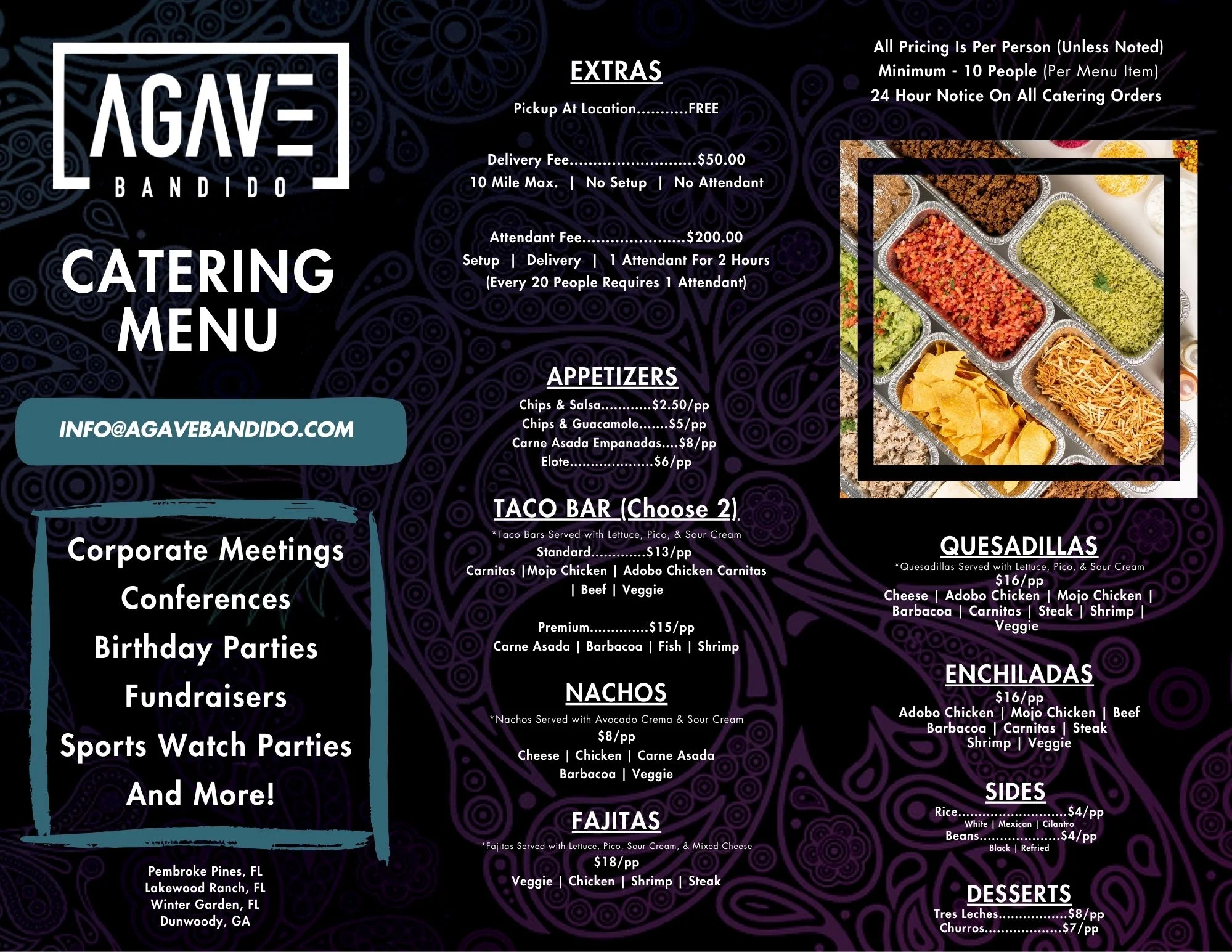 Catering menu featuring Mexican dishes and options for events
