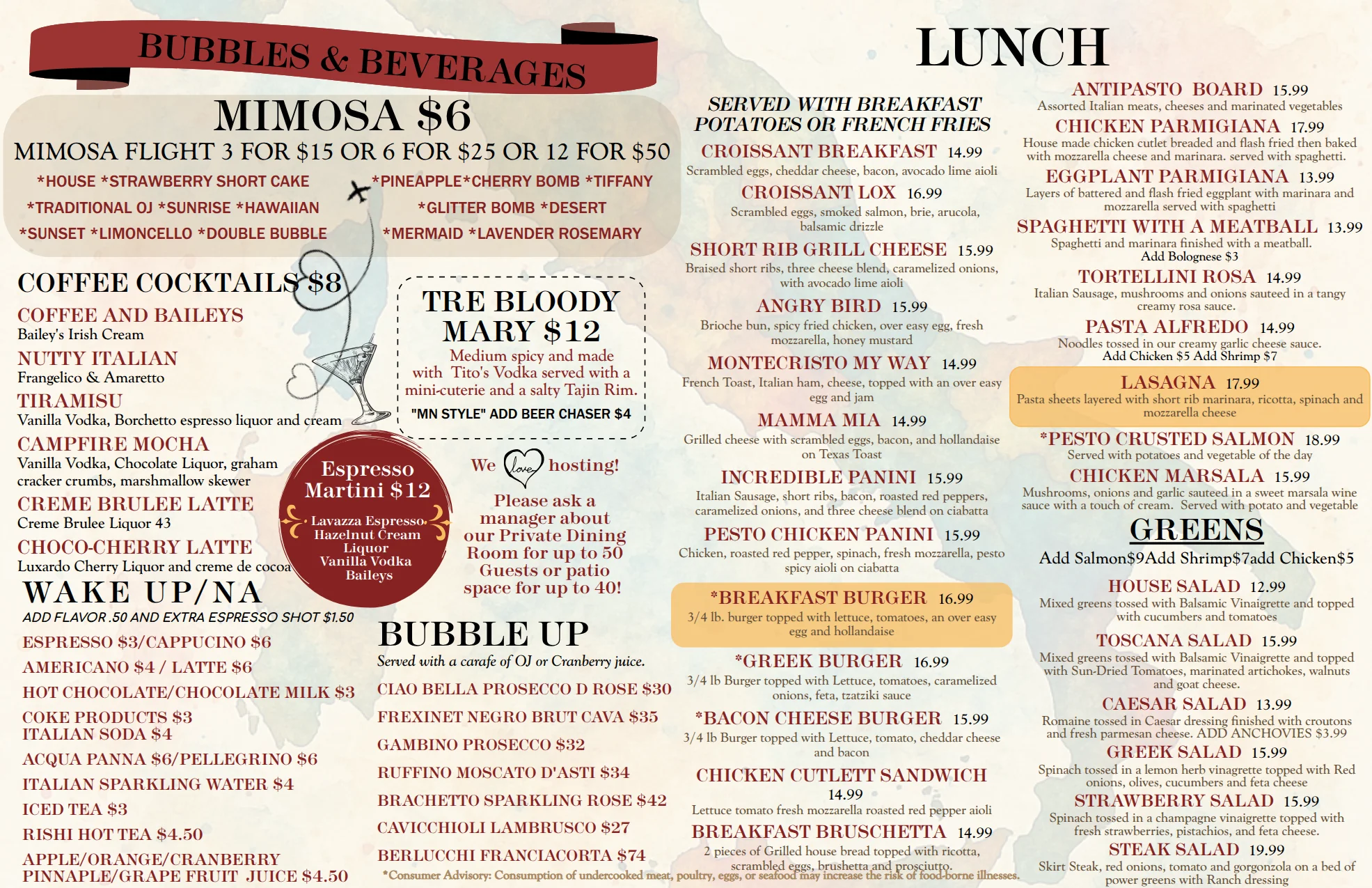 Brunch menu featuring Belgian waffles and coffee cocktails
