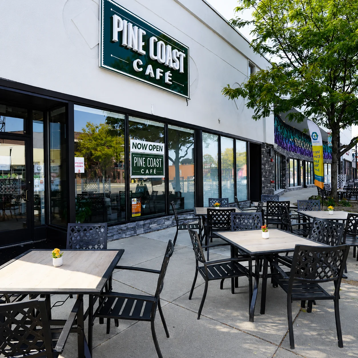 Exterior of Pine Coast Café with outdoor seating and open sign.