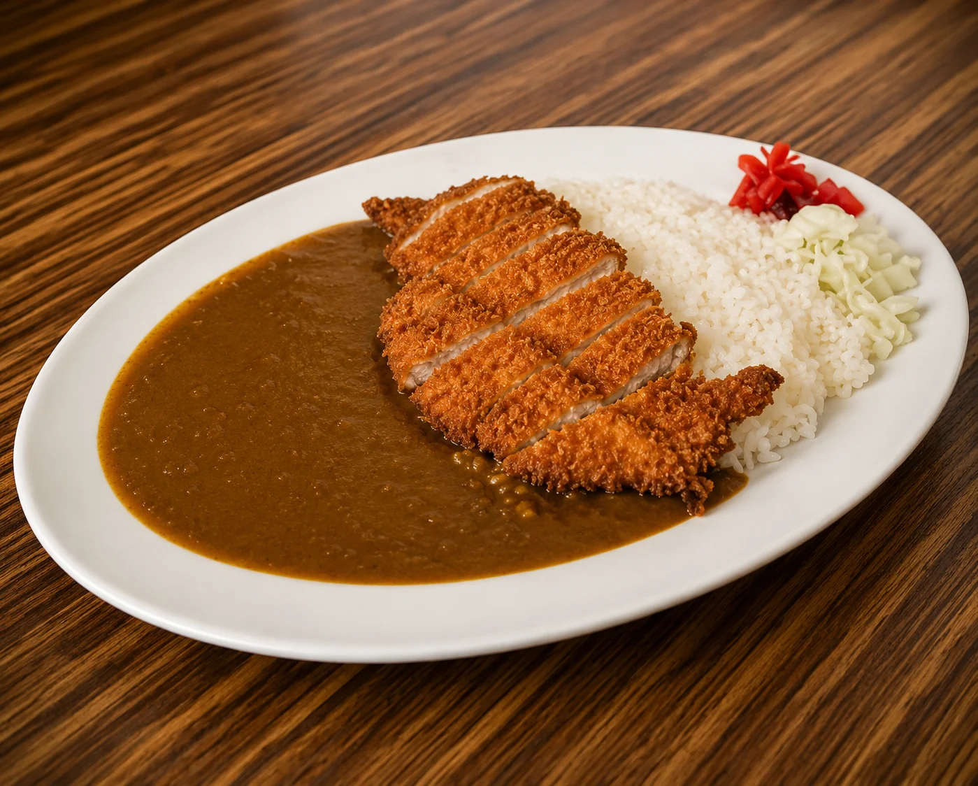 Japanese chicken katsu curry served with steamed white rice, curry sauce, and pickled ginger on a white plate.