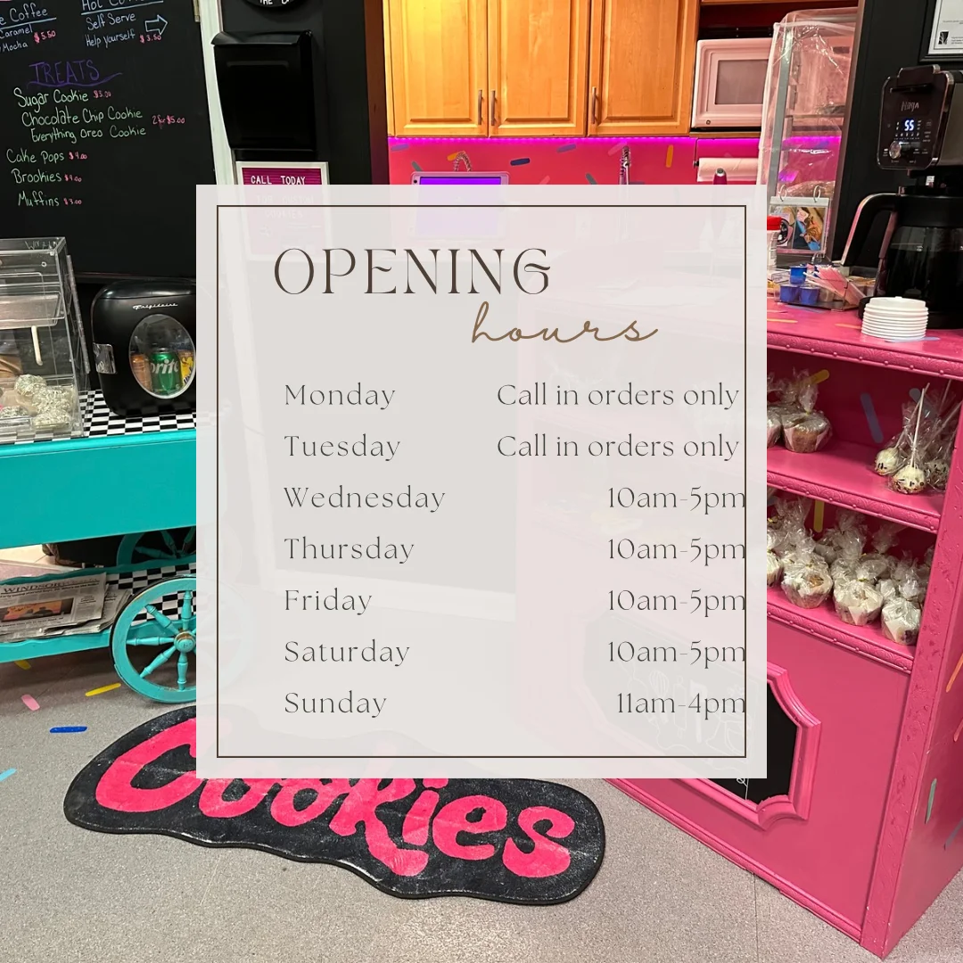 Colorful bakery interior with opening hours displayed