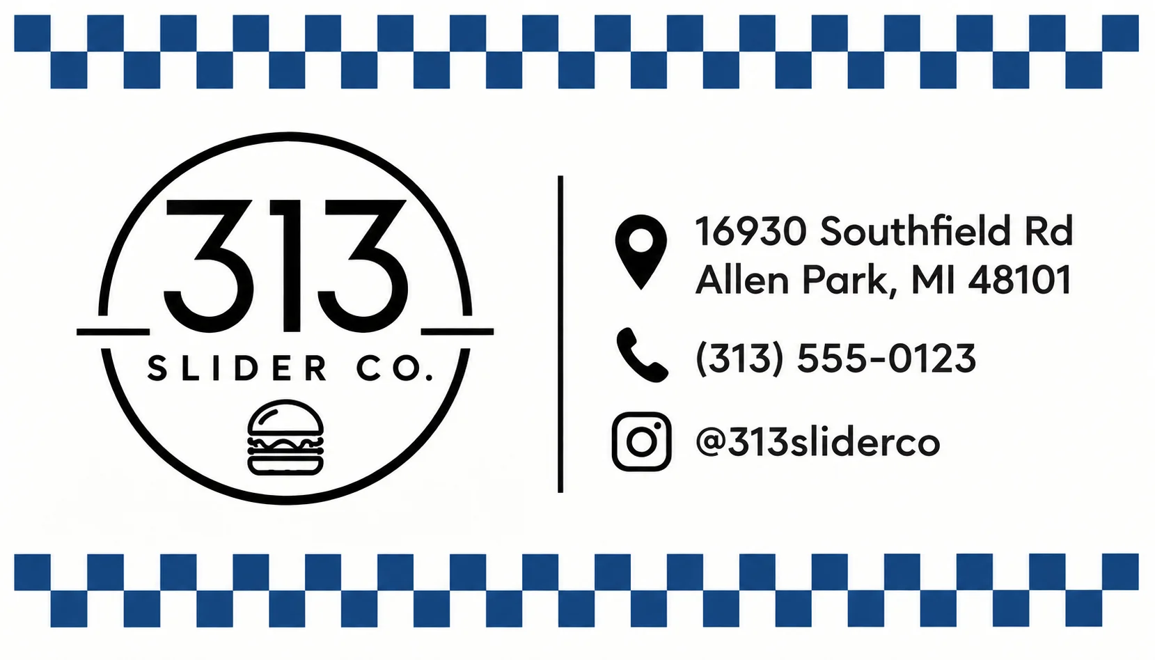 Restaurant branding graphic with 313 Slider Co. logo and contact information