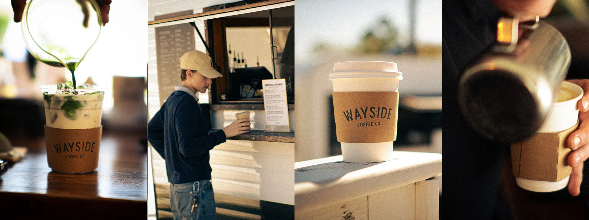 Barista preparing iced matcha latte at a coffee shop