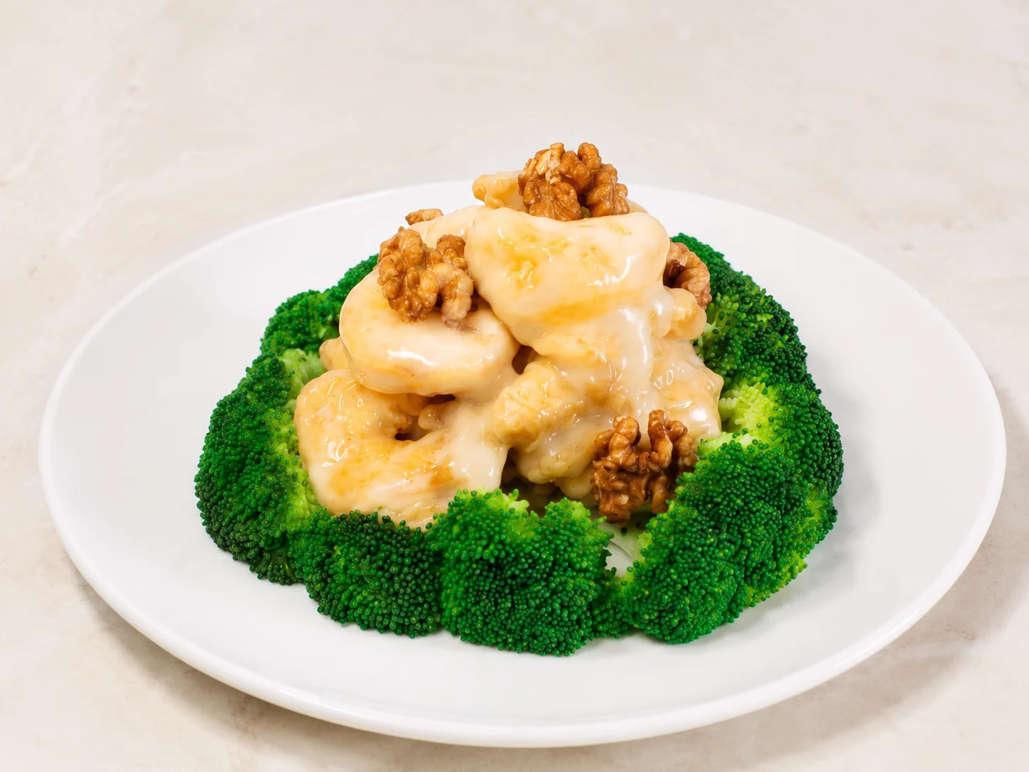 Crispy walnut shrimp on broccoli