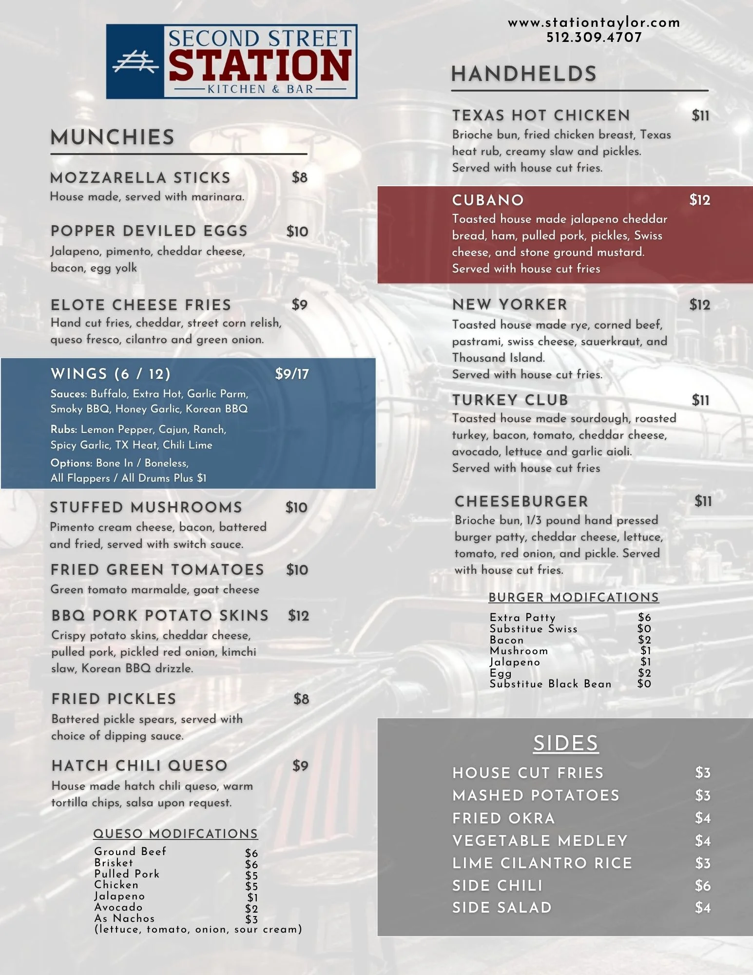 Menu from Second Street Station Kitchen & Bar featuring diverse American dishes