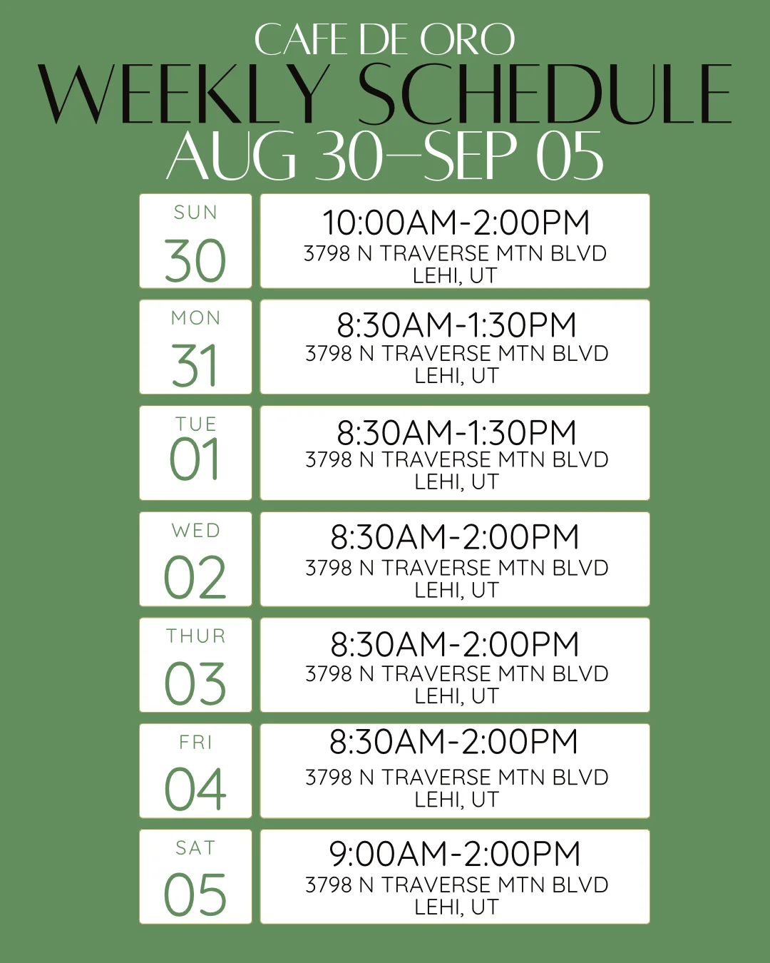 Weekly schedule for restaurant operations and staff shifts.