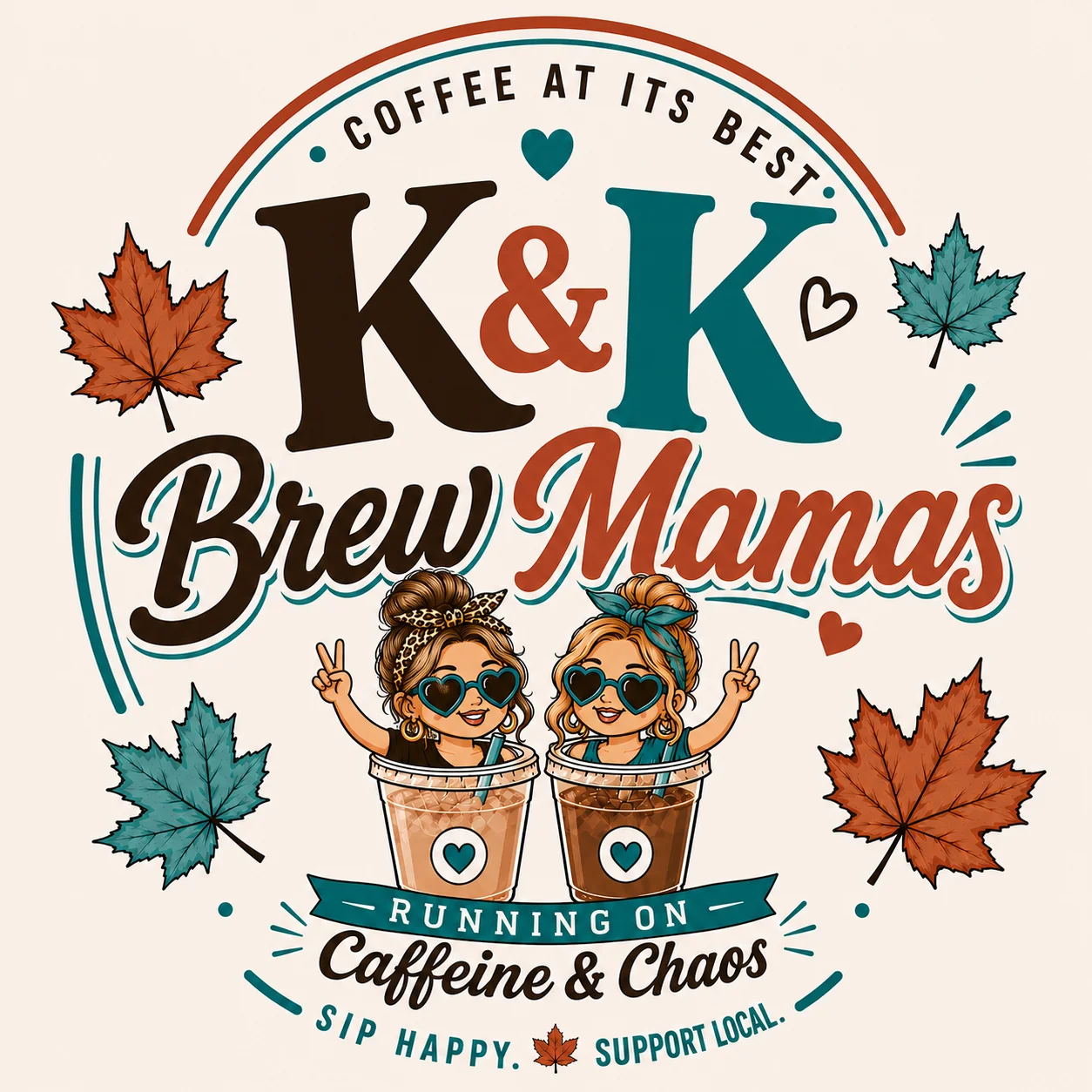 A vibrant coffee-themed graphic featuring two cartoon characters holding cups of coffee, surrounded by autumn leaves and a catchy slogan.