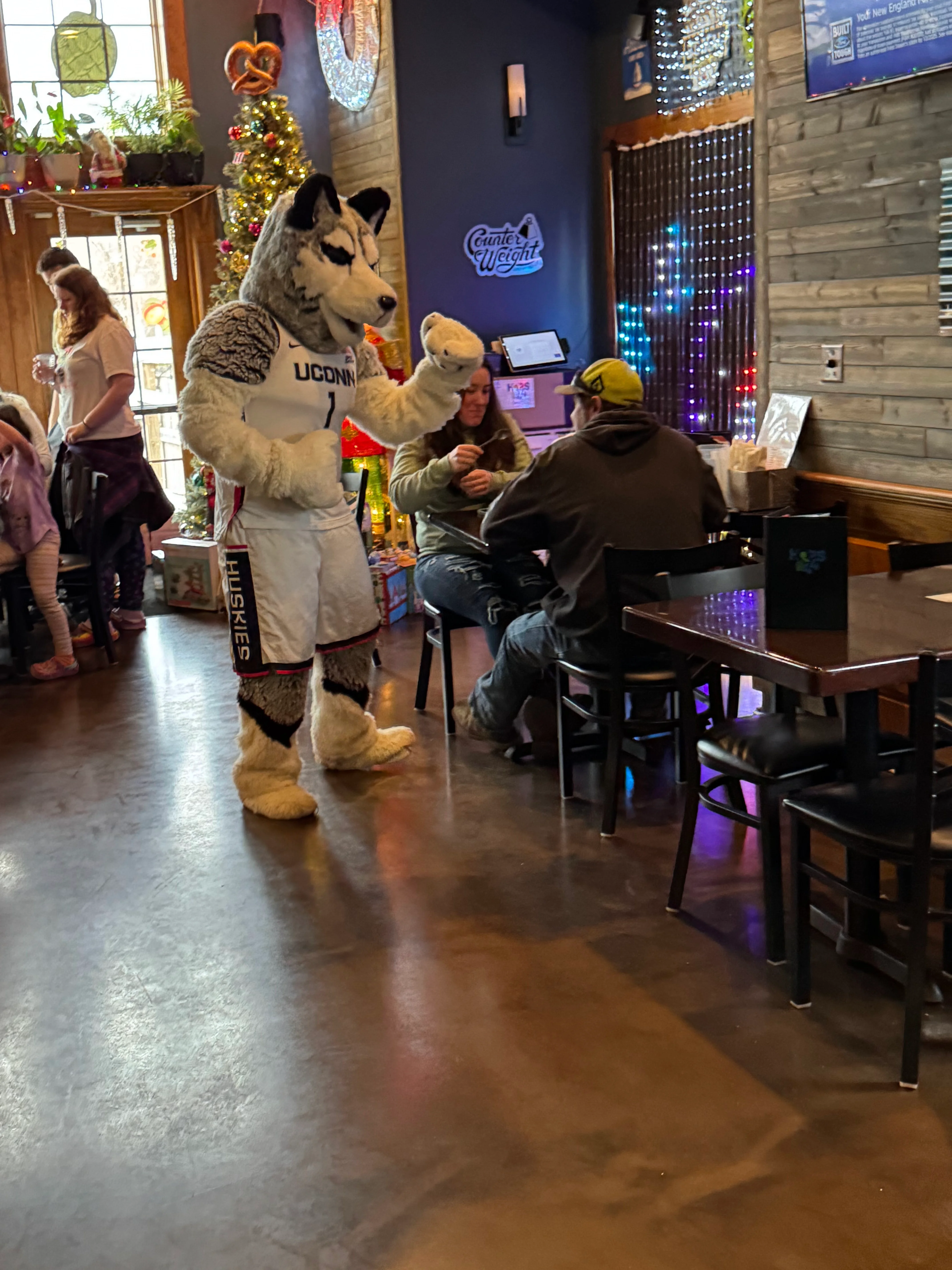 Restaurant mascot entertaining guests in a cozy dining area