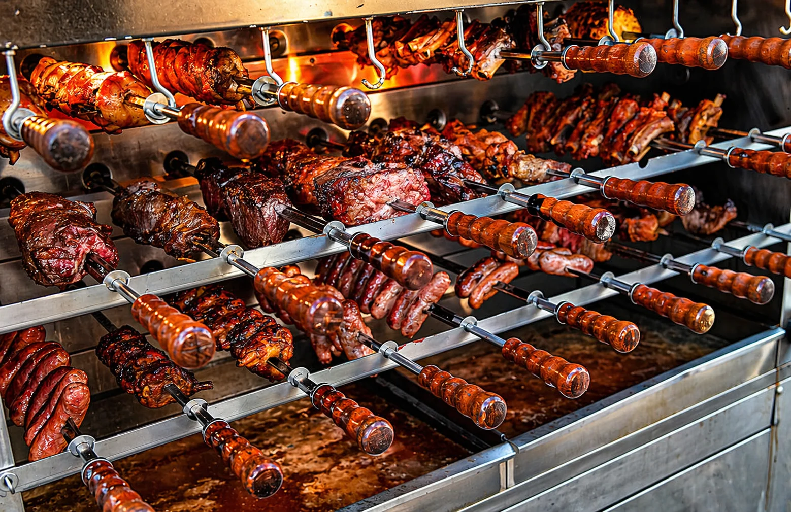 Various cuts of meat being cooked on a rotisserie grill, showcasing an array of grilled items.