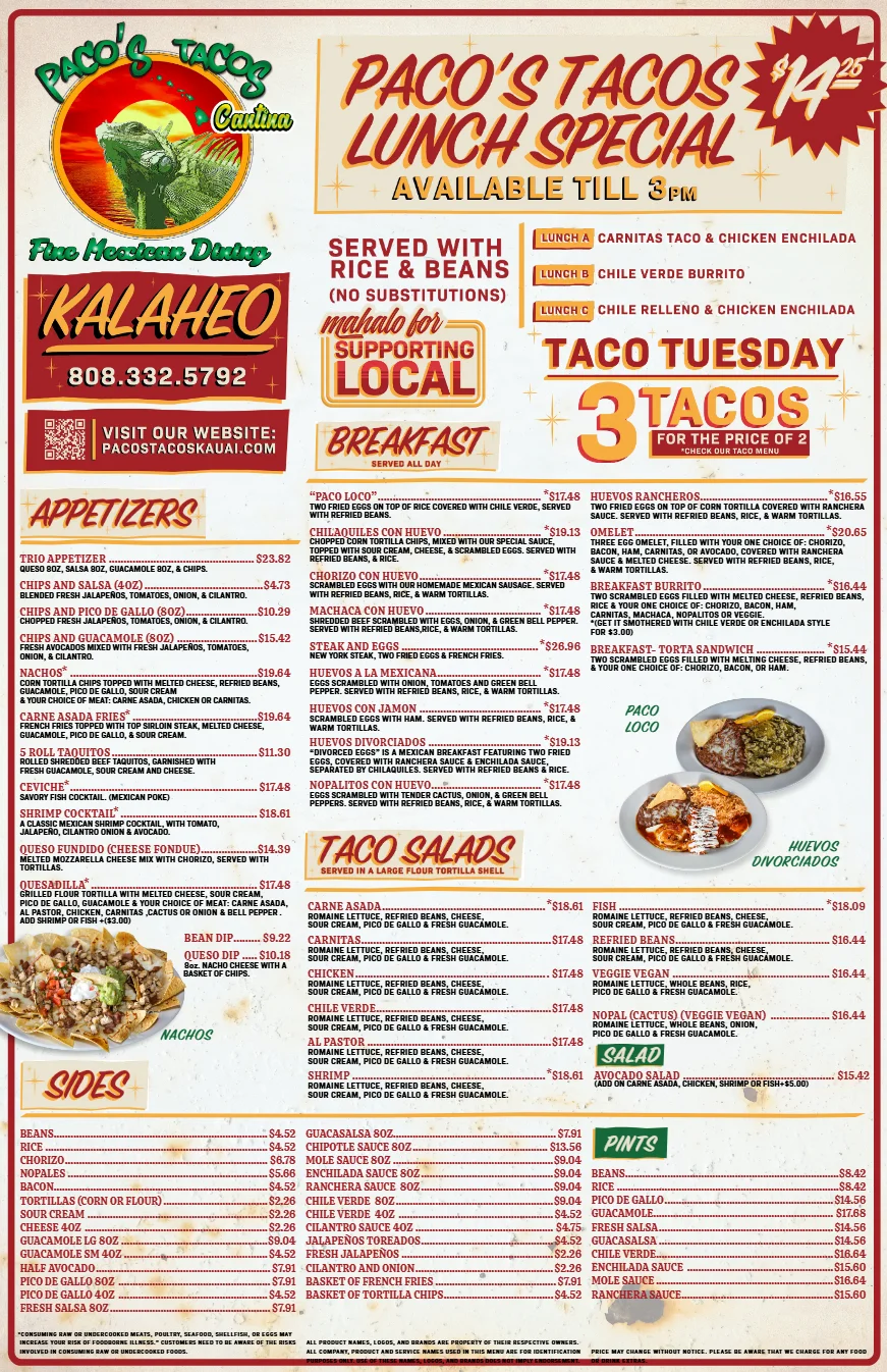 Colorful menu of Mexican dishes featuring tacos and enchiladas