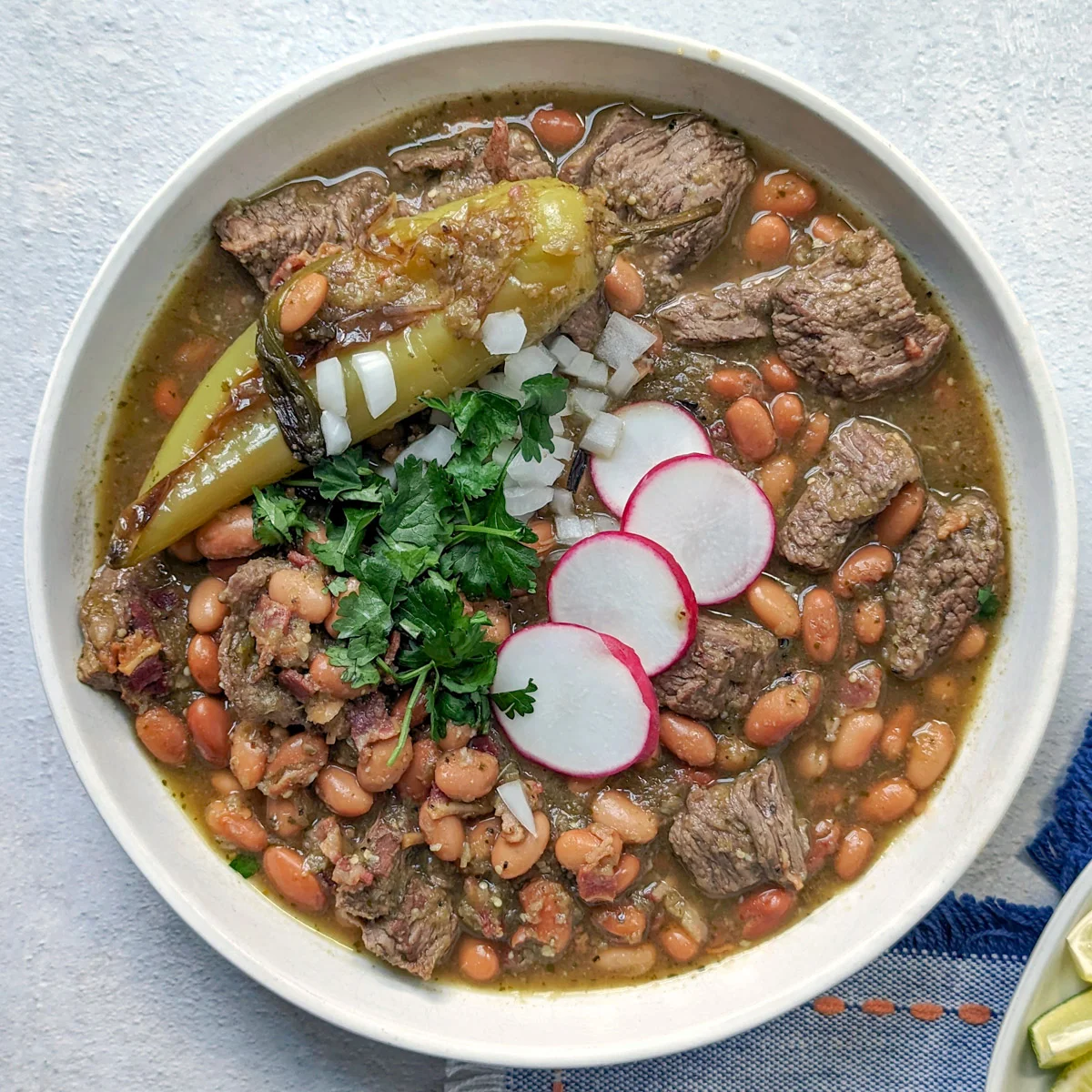 A hearty bowl of beef and pinto bean stew, garnished with onion, cilantro, radishes, and a green chile.