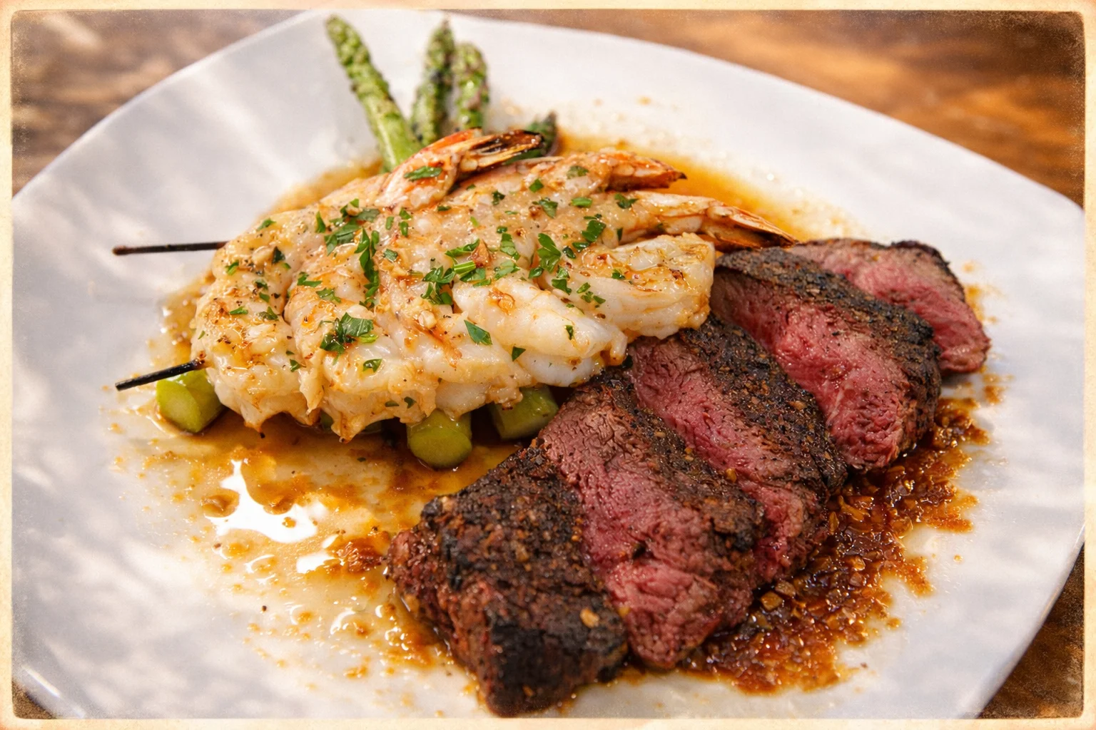 Grilled surf and turf platter with steak and shrimp