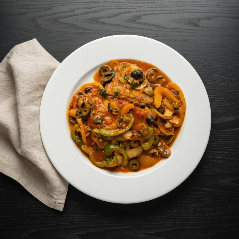 A vibrant mixed vegetable dish featuring peppers, mushrooms, and olives in a rich sauce, served on a white plate.
