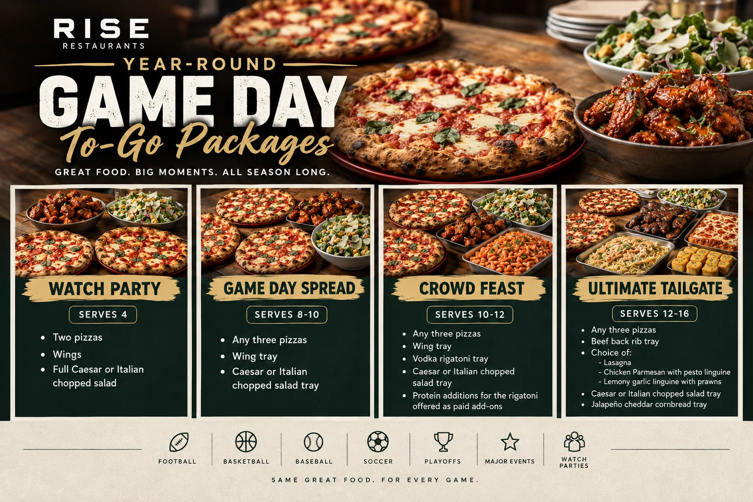 Variety of pizzas, pasta, salad, rotisserie and wings for game day gatherings