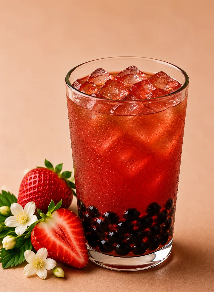 A strawberry-flavored drink presented in a glass filled with ice and black tapioca pearls. Fresh strawberries and white flowers are placed beside the glass.