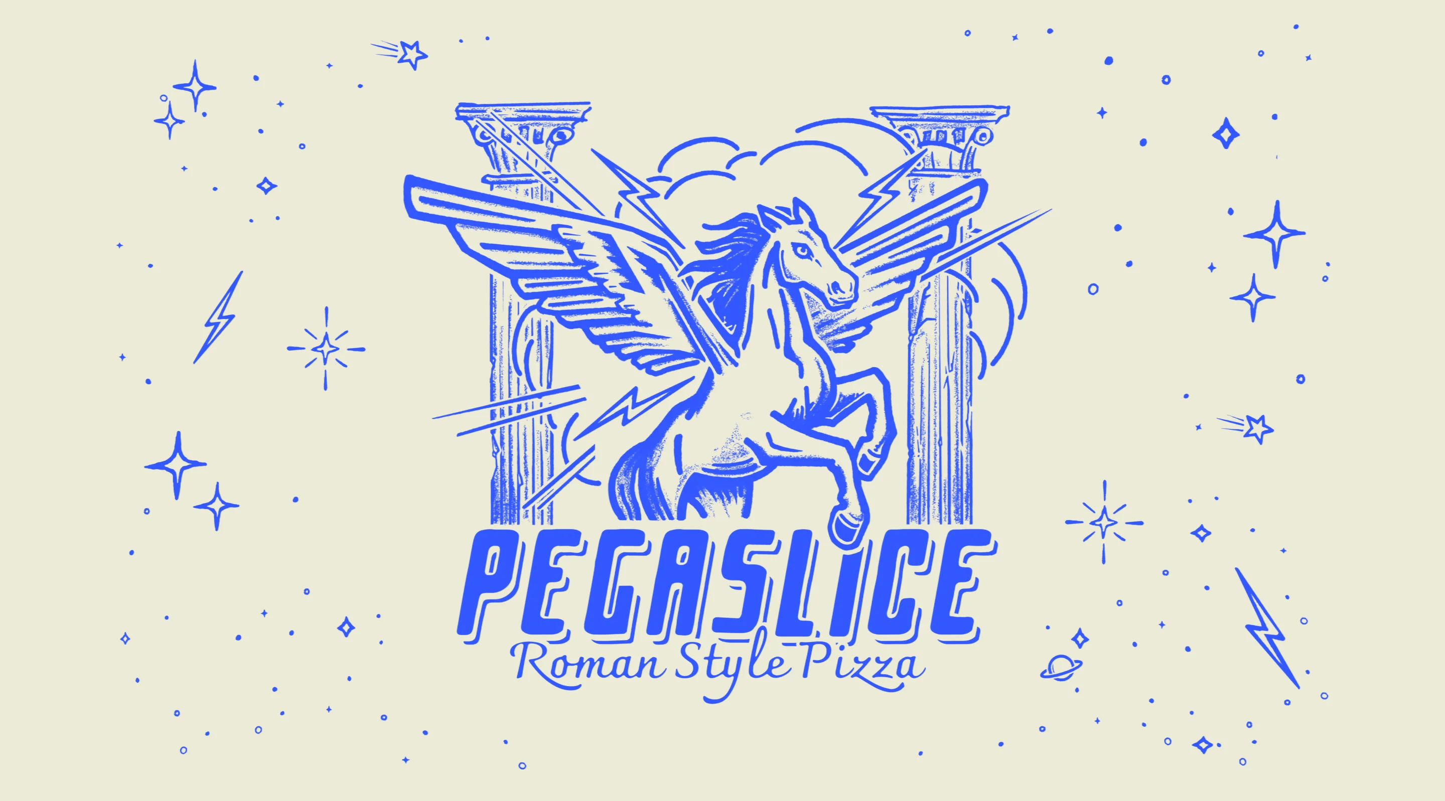 Pegasus-themed logo for Roman style pizza restaurant