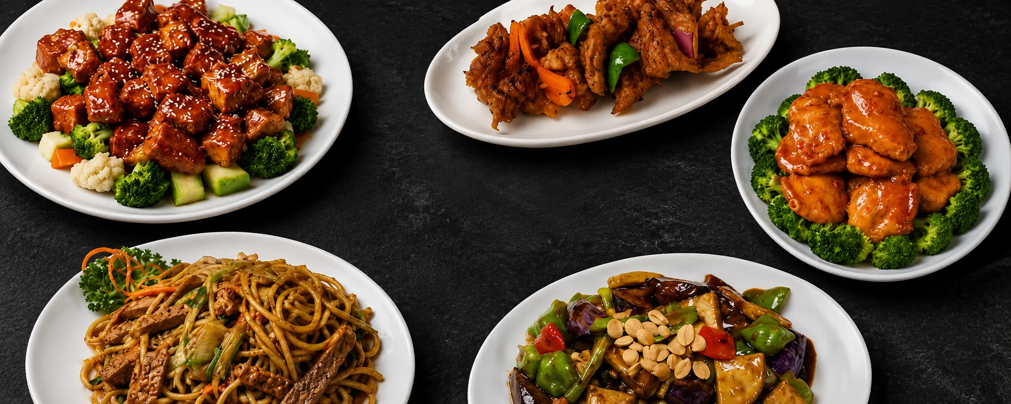Assorted Chinese dishes including sweet and sour chicken