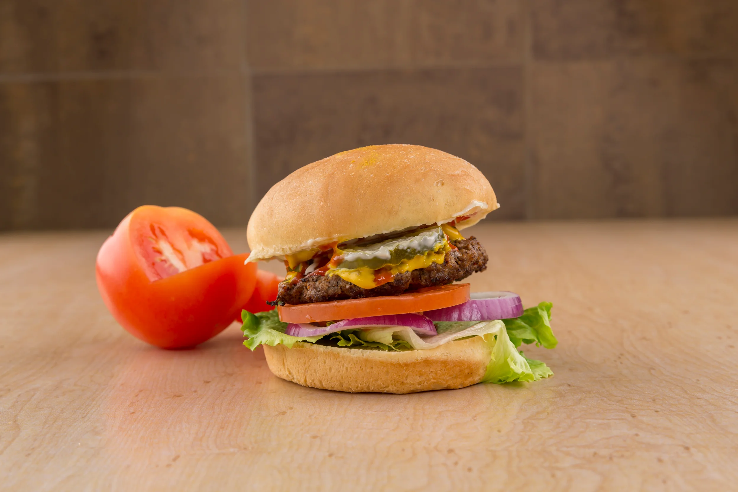 Classic American cheeseburger with fresh toppings