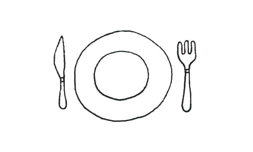 Minimalist illustration of a plate, knife, and fork