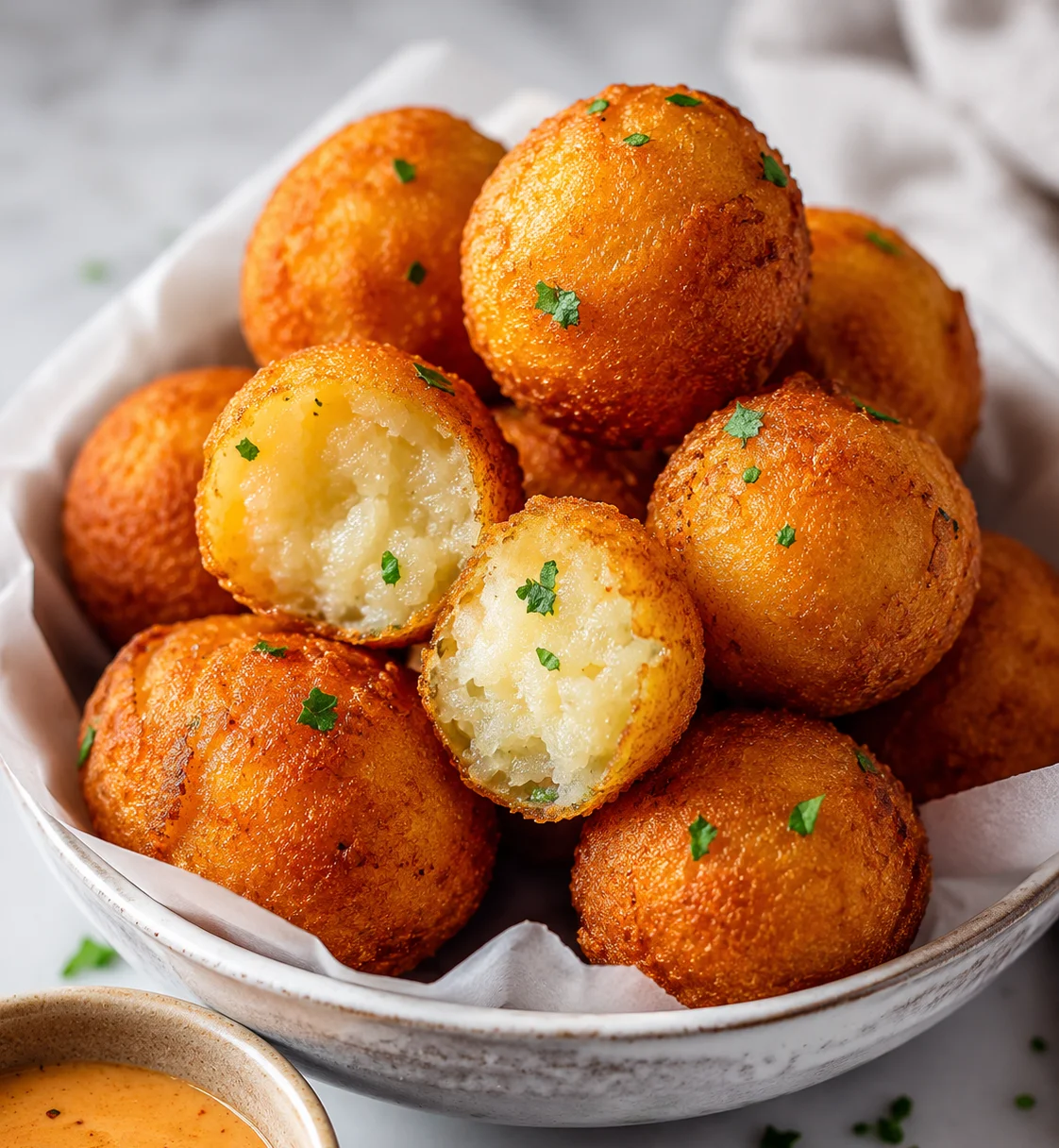 Crispy Brazilian cheese bread balls served with dipping sauce