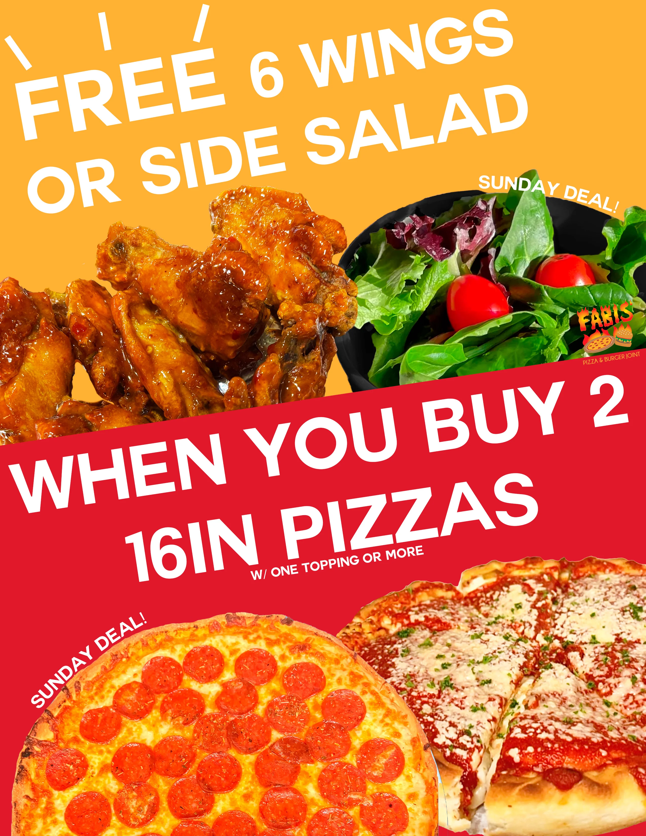 Delicious pepperoni pizza and wings for a Sunday deal