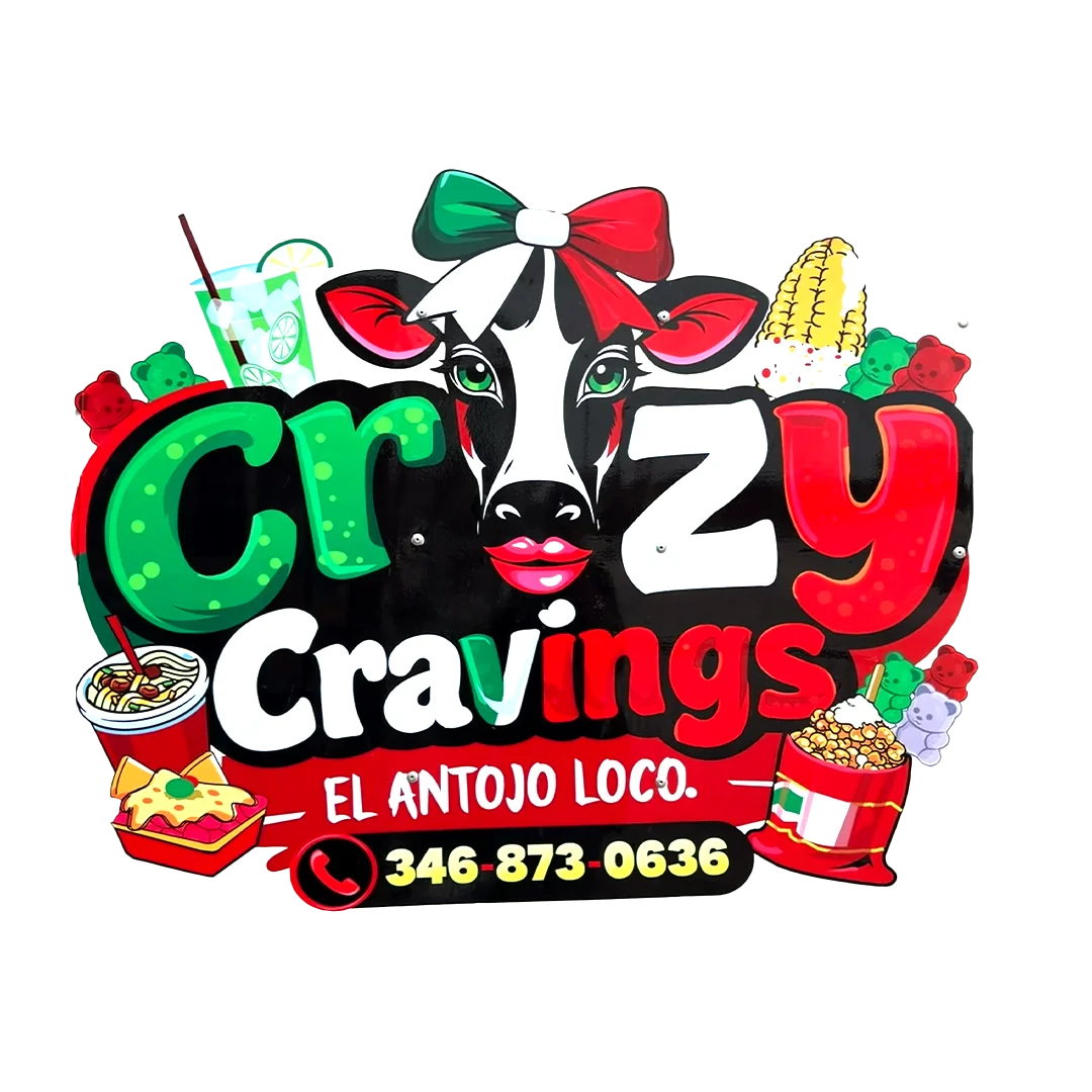 Colorful restaurant sign for Crazy Cravings featuring a cow mascot