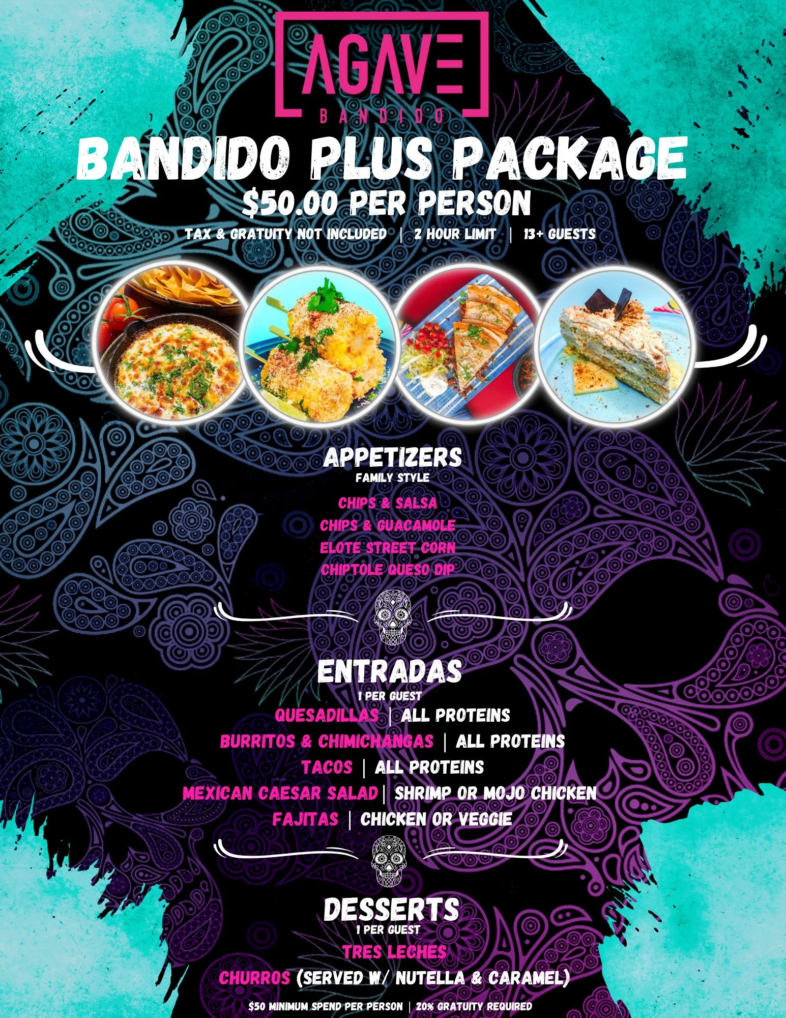 Bandido Plus Package menu featuring Mexican appetizers and entrees