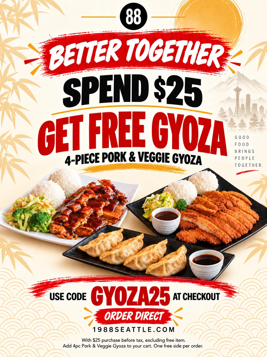 Restaurant promotion featuring pork and vegetable gyoza with rice and plated entrées