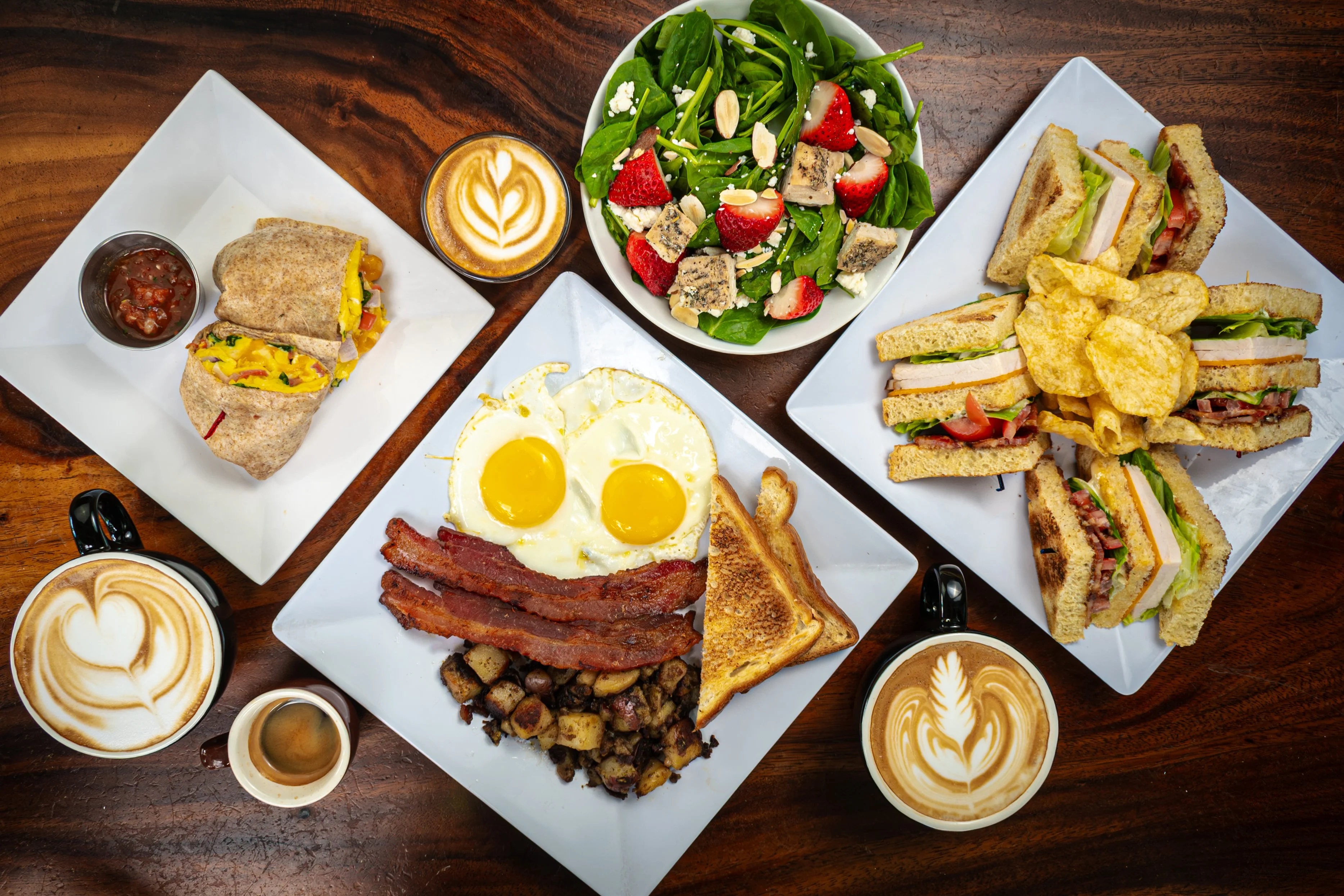 Hearty American breakfast platter with eggs, bacon, and toast