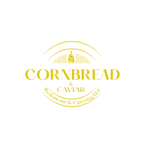 A logo for a restaurant and catering service featuring the name 'Cornbread & Caviar' in elegant lettering with decorative elements.