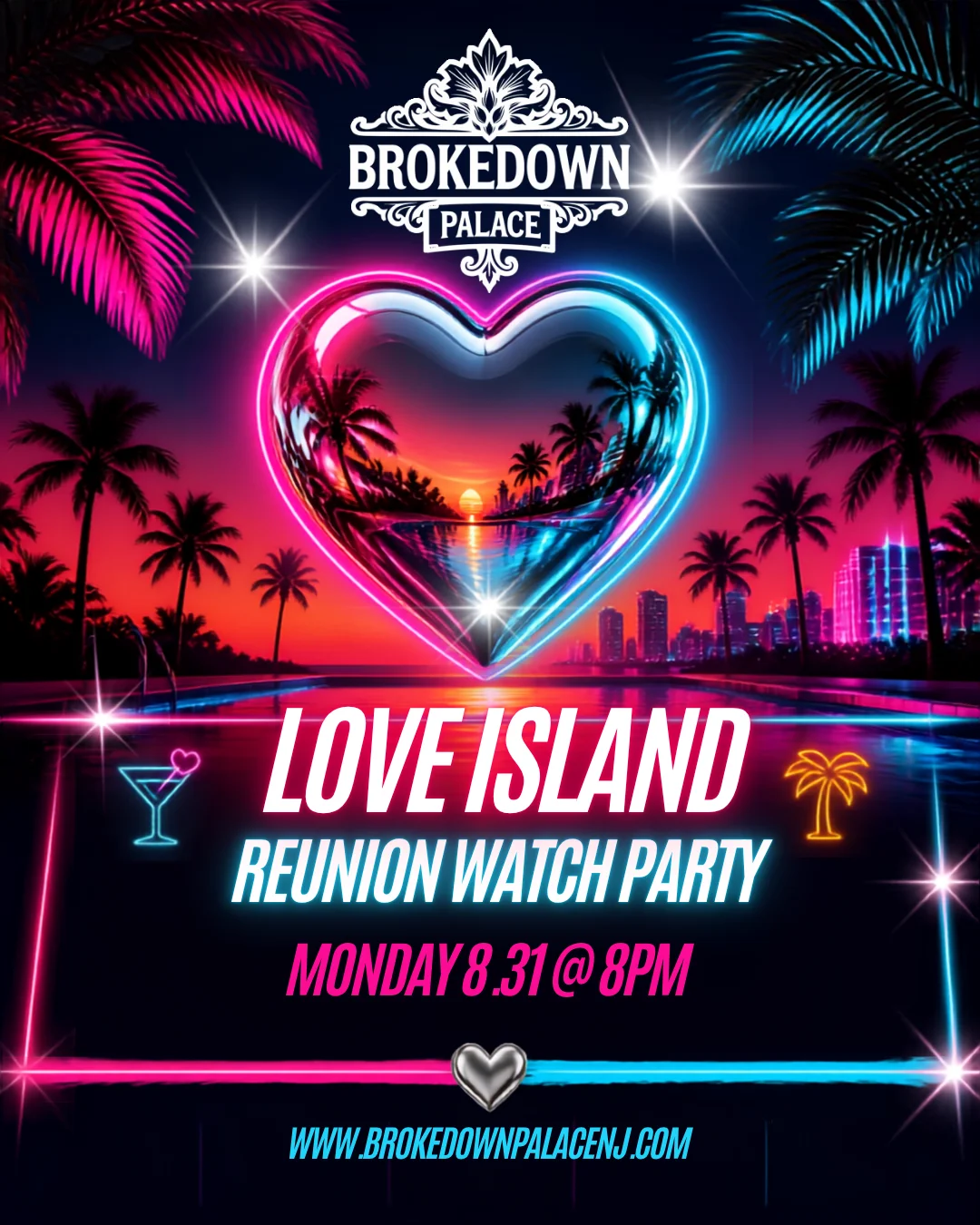 Promotional graphic for Love Island reunion watch party at Brokedown Palace