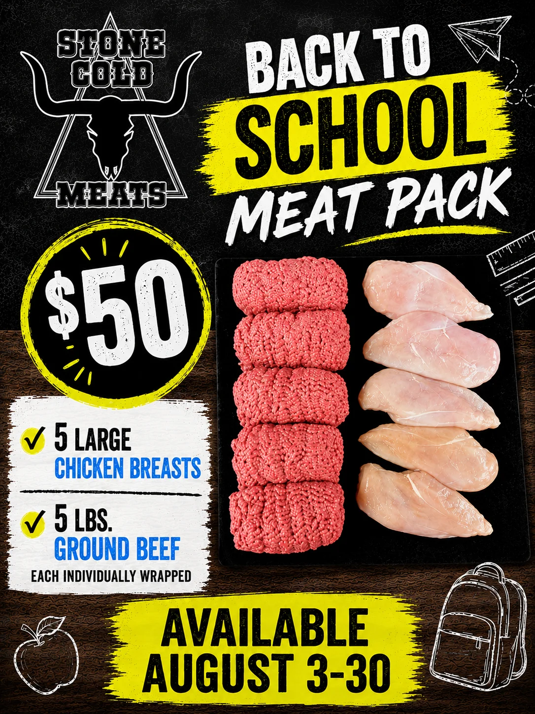 Back to school meat pack with chicken and ground beef