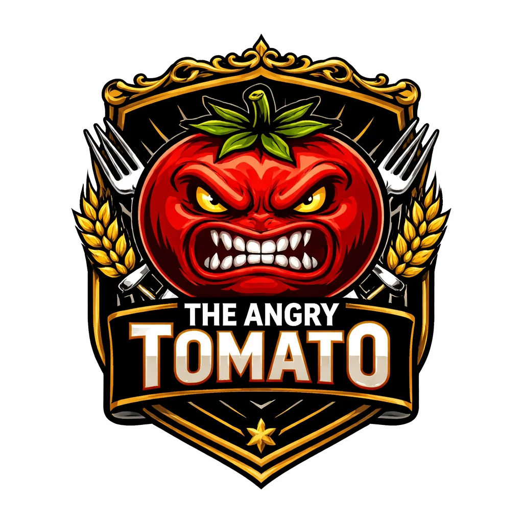 A stylized logo of a fierce tomato with a furious expression, surrounded by utensils and wheat.