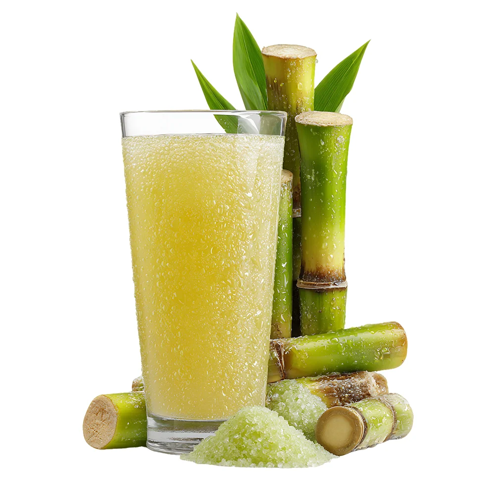 Refreshing glass of sugarcane juice with fresh stalks