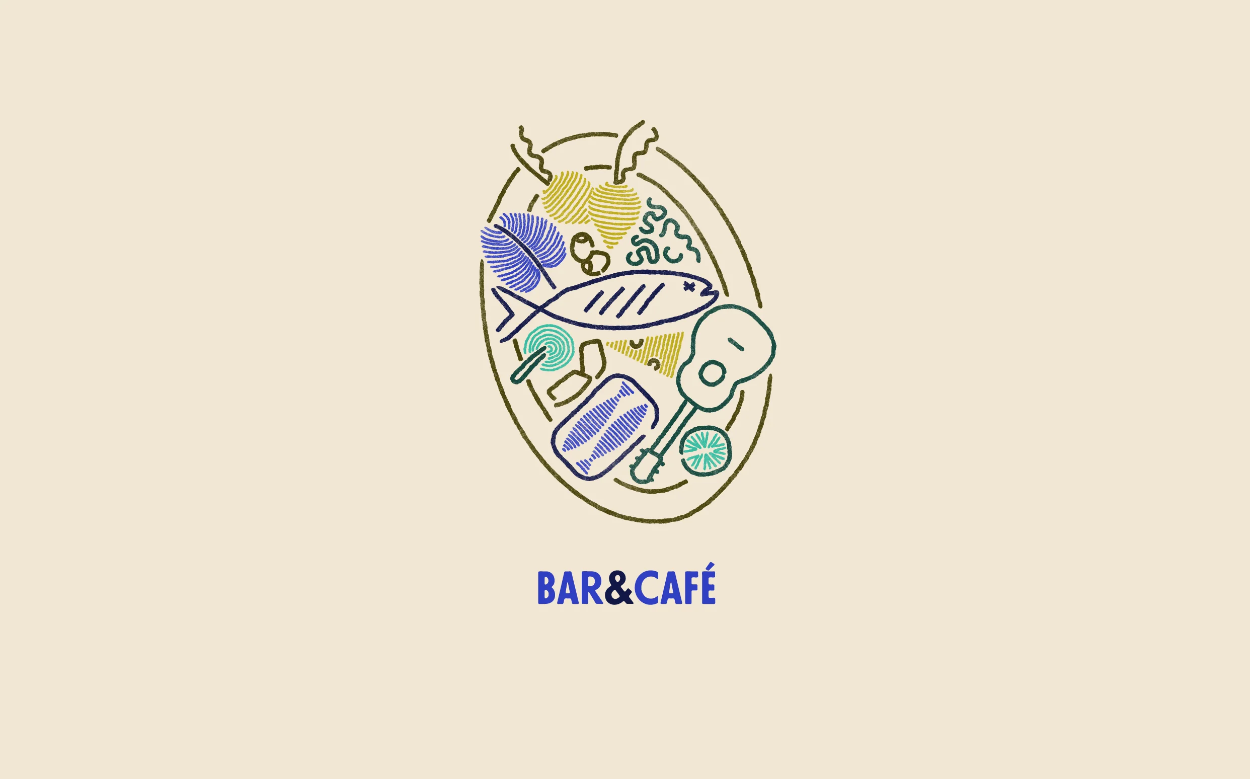 Artistic illustration of a bar and café logo with food elements