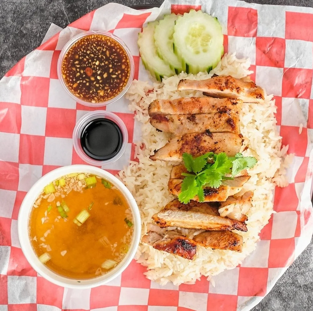 Grilled chicken rice plate with soup and dipping sauces