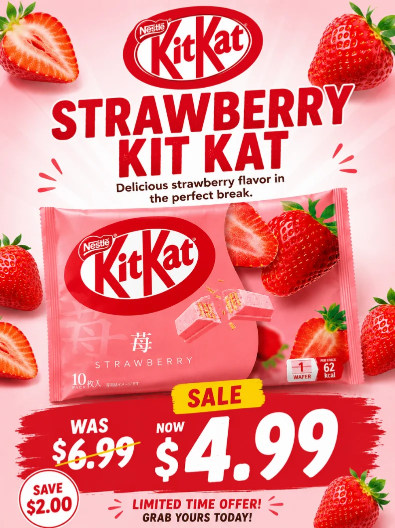 Strawberry Kit Kat candy bar on a pink background