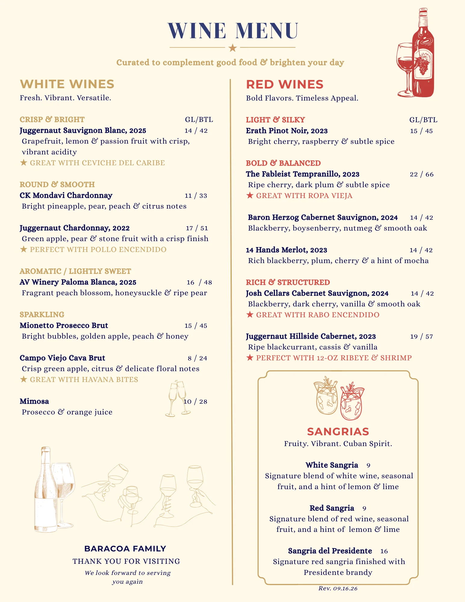 Cocktail menu featuring signature and classic drinks at a vibrant bar