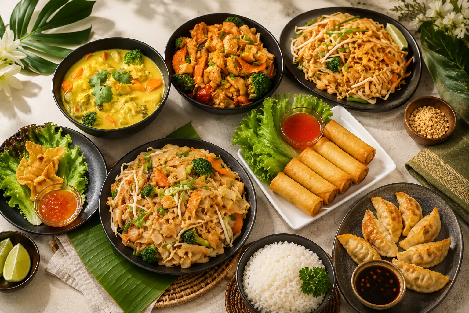 Assorted Asian dishes including pad thai and spring rolls