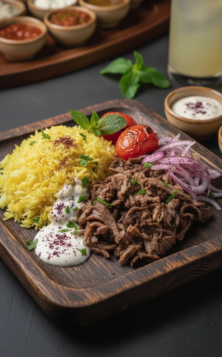 A serving of beef shawarma presented on a wooden platter, accompanied by rice, grilled tomatoes, onions, and a variety of dips. A side of fries and beverages are also visible.