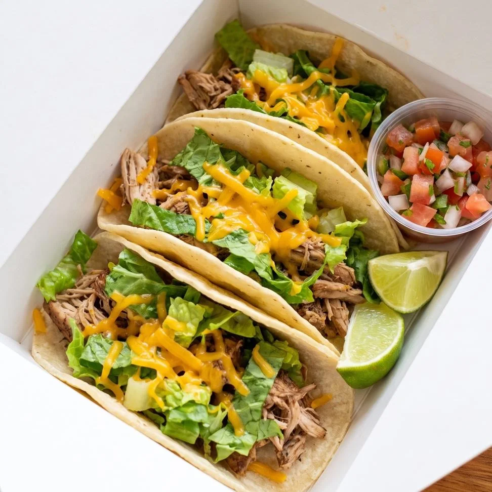 3 Jerk Chicken Tacos with sweet potato fries & a drink