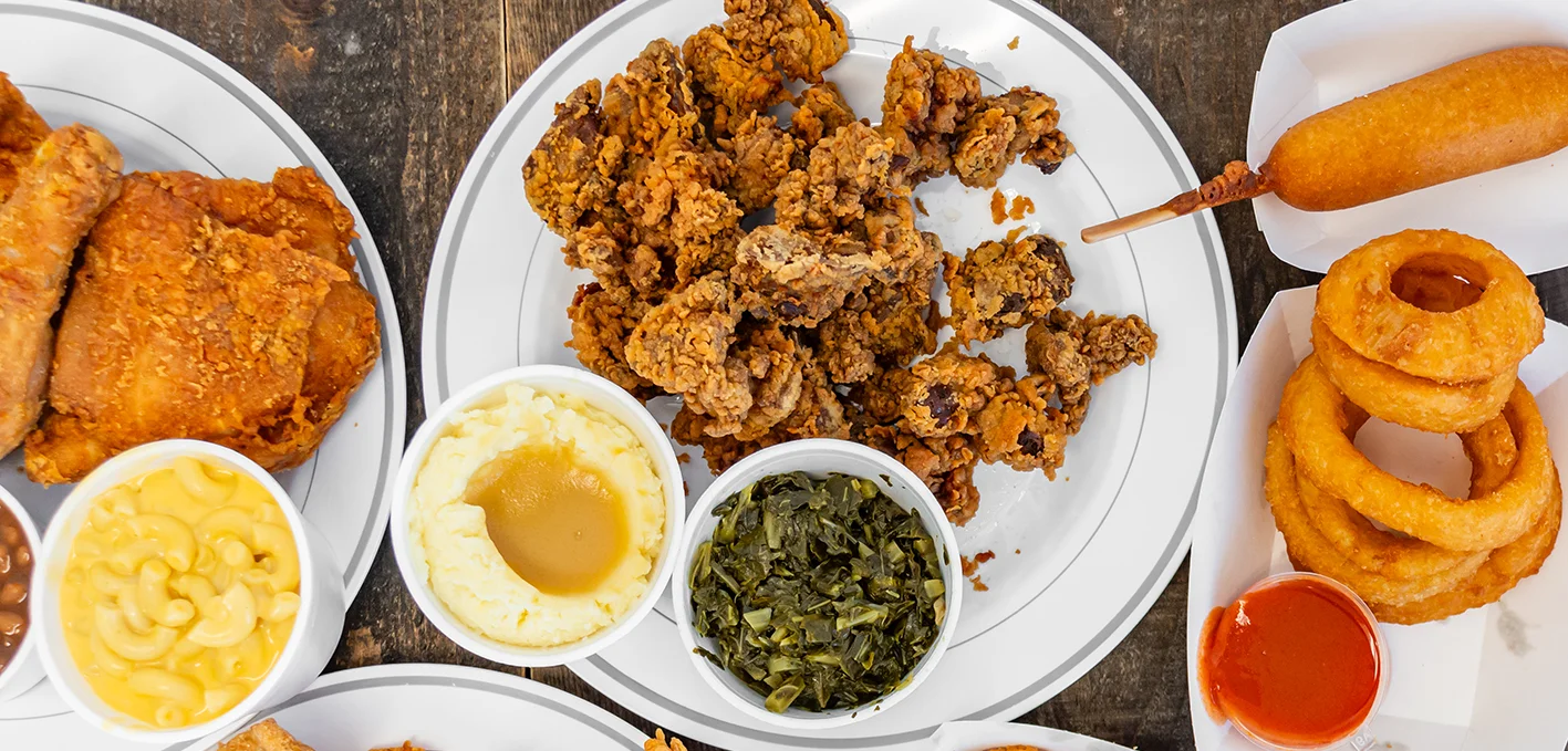 Southern fried chicken platter with sides