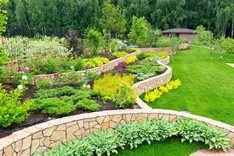 Lush garden landscape with stone pathways and vibrant flowers