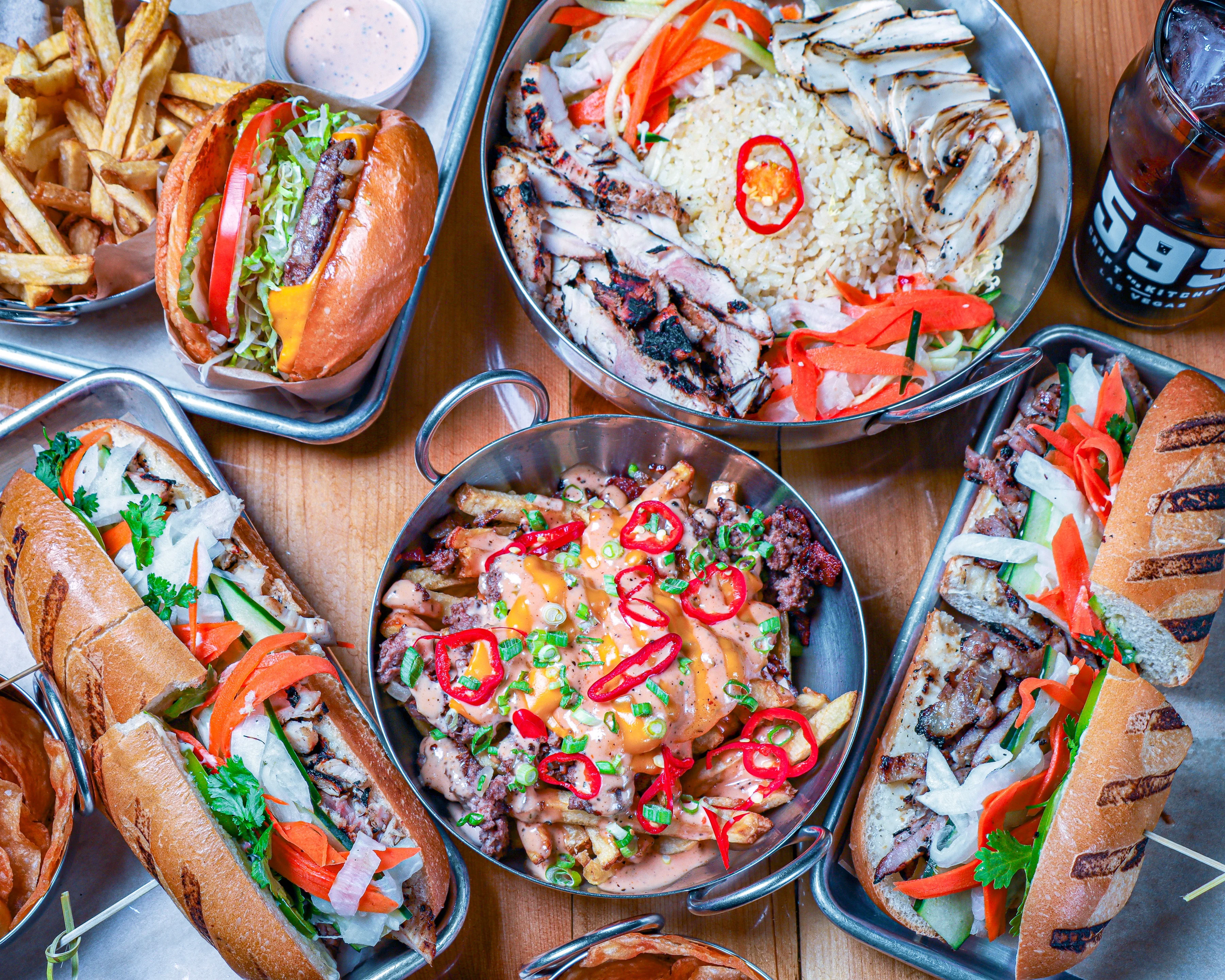 Assorted Vietnamese banh mi sandwiches and rice dishes