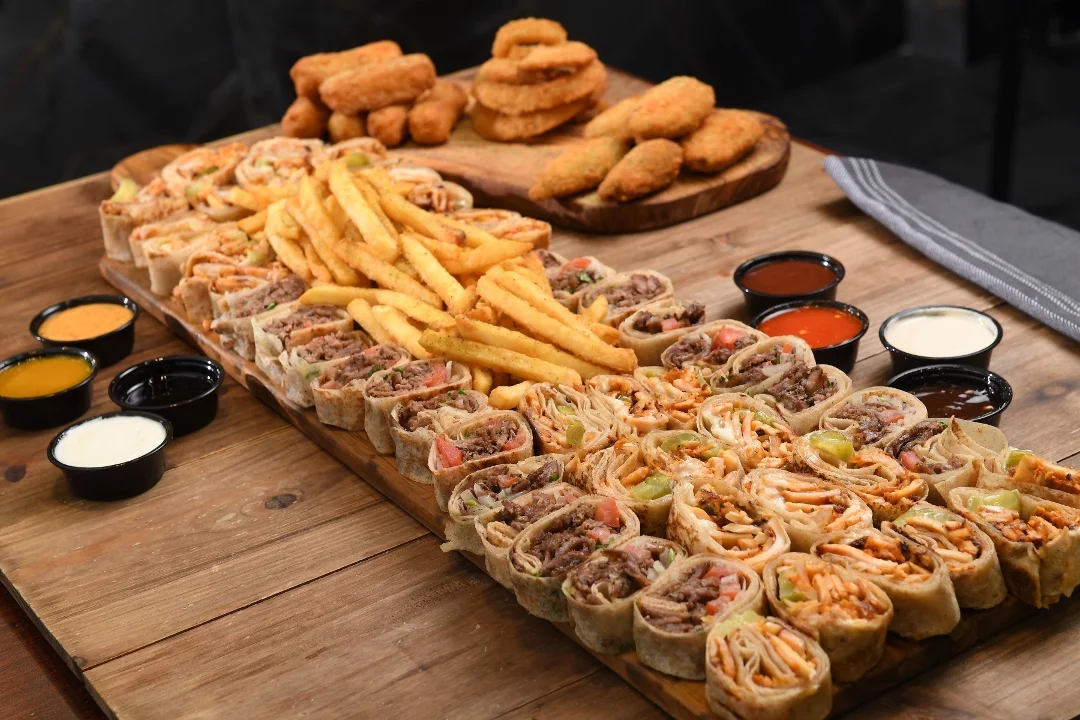 Hello Bites (5 Shawarma Sandwiches cut into Bites, 10 Piece Onion Rings,  5 Piece Mozzarella Sticks, 5 Piece Jalapeno Poppers, & Fries)